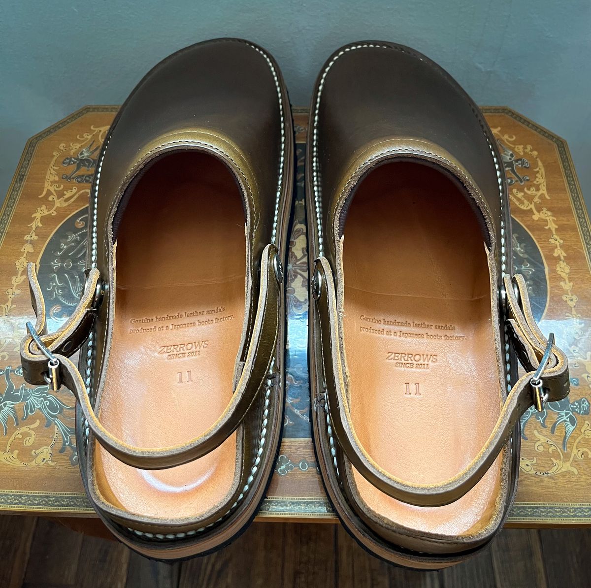 Photo by JewishJesus on June 20, 2026 of the Zerrows Sabot Sandal in Horween Olive Chromexcel.