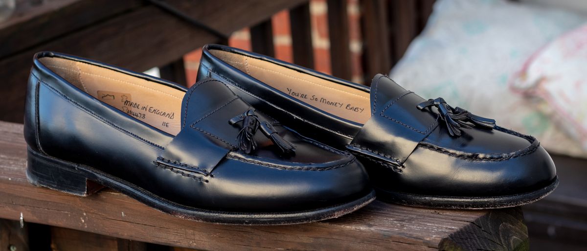 Photo by TheJewishJesus on August 30, 2025 of the Grenson SFC Collaboration Tassel Loafer in Black Colorado.