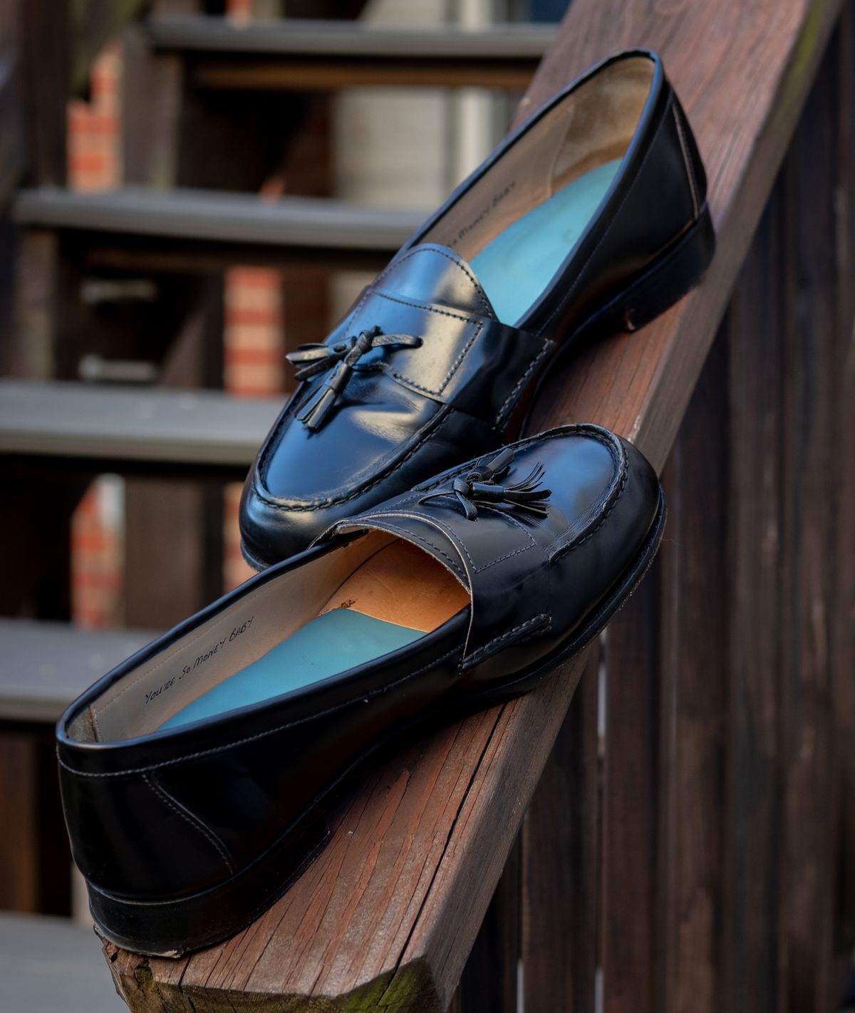 Photo by TheJewishJesus on August 30, 2025 of the Grenson SFC Collaboration Tassel Loafer in Black Colorado.