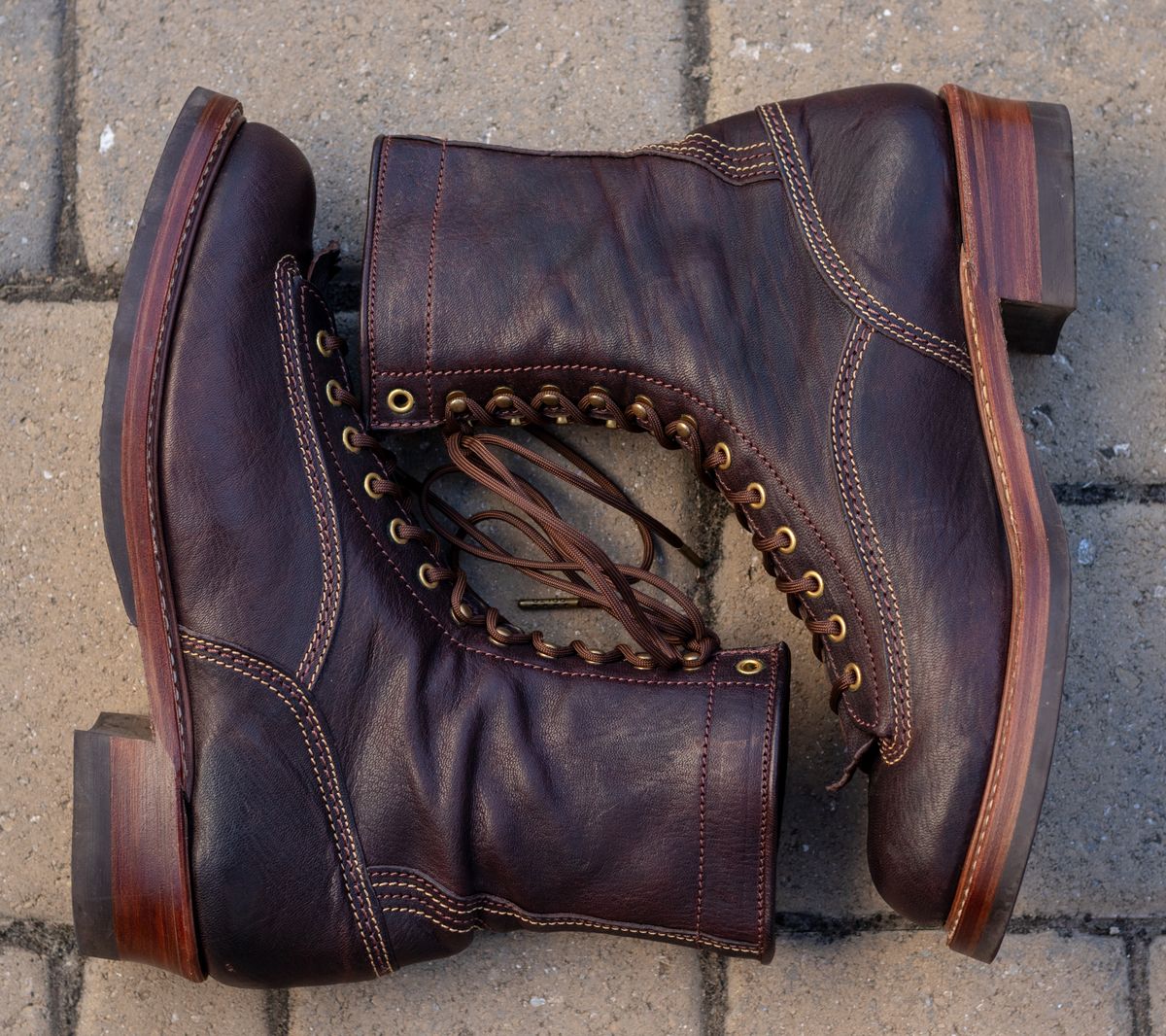 Photo by TheJewishJesus on August 30, 2025 of the John Lofgren Donkey Puncher Boots in Ezo Shika Deerskin Burnt Brown.