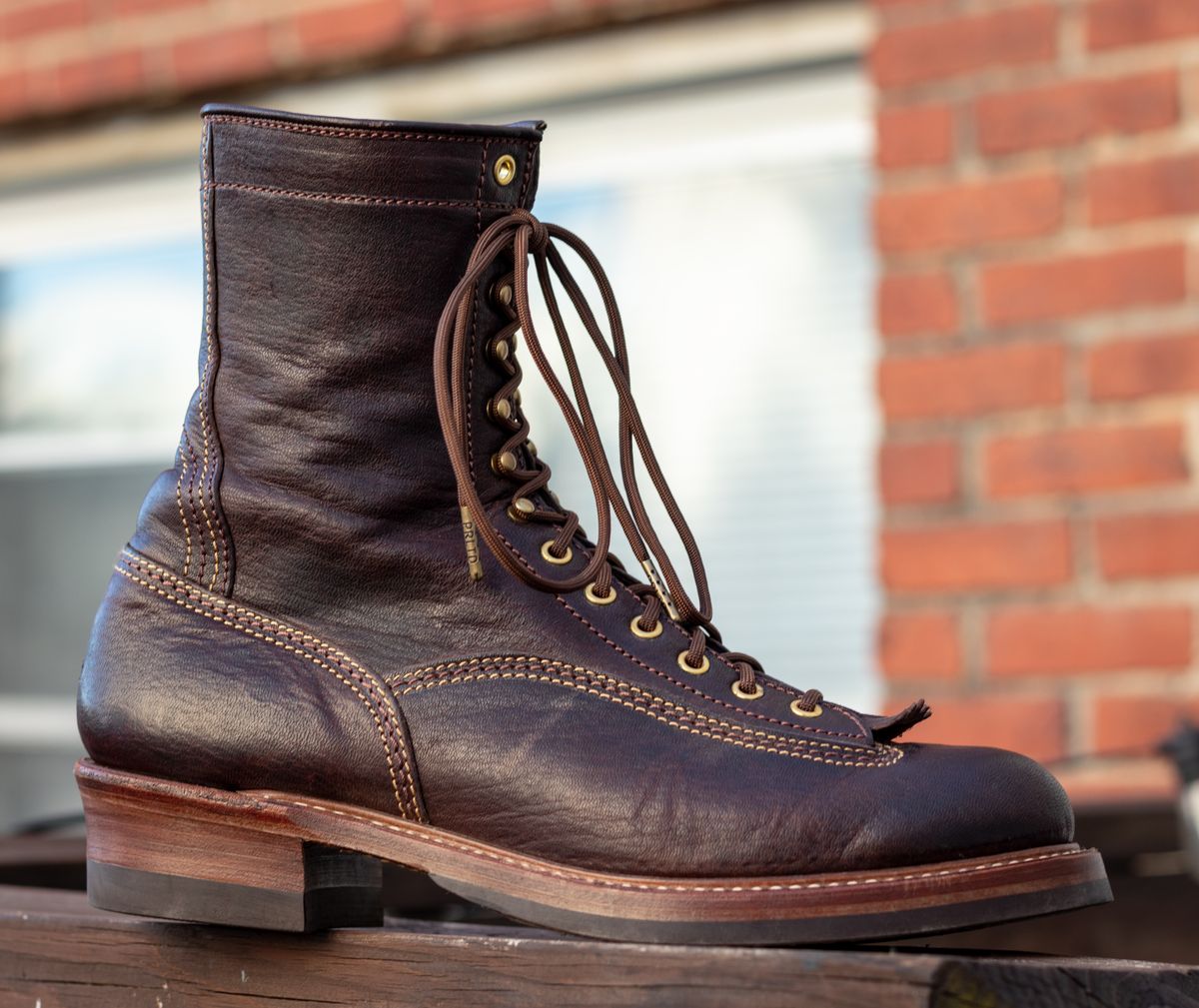 Photo by TheJewishJesus on August 30, 2025 of the John Lofgren Donkey Puncher Boots in Ezo Shika Deerskin Burnt Brown.