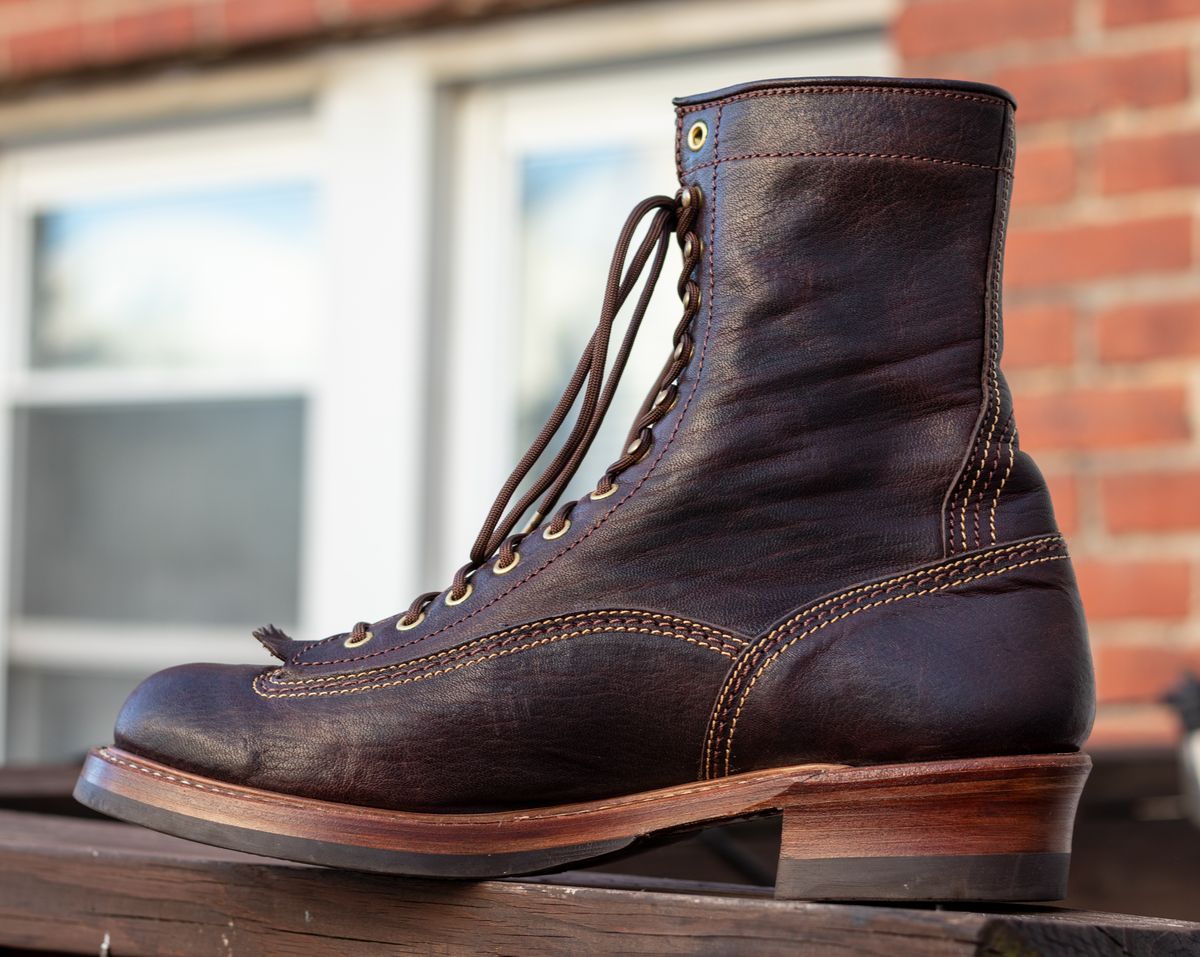 Photo by TheJewishJesus on August 30, 2025 of the John Lofgren Donkey Puncher Boots in Ezo Shika Deerskin Burnt Brown.