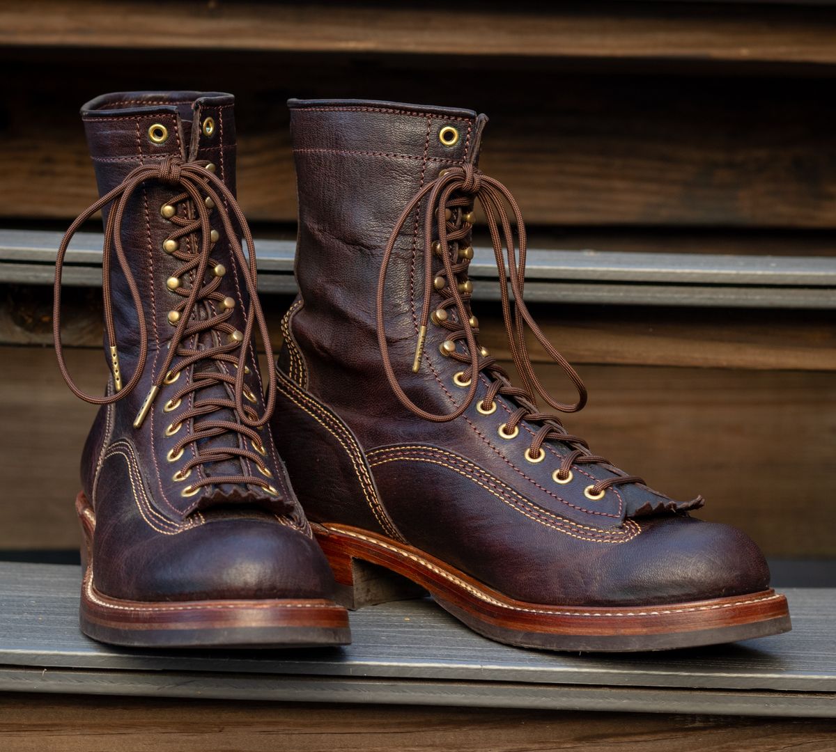 Photo by JewishJesus on August 30, 2025 of the John Lofgren Donkey Puncher Boots in Ezo Shika Deerskin Burnt Brown.
