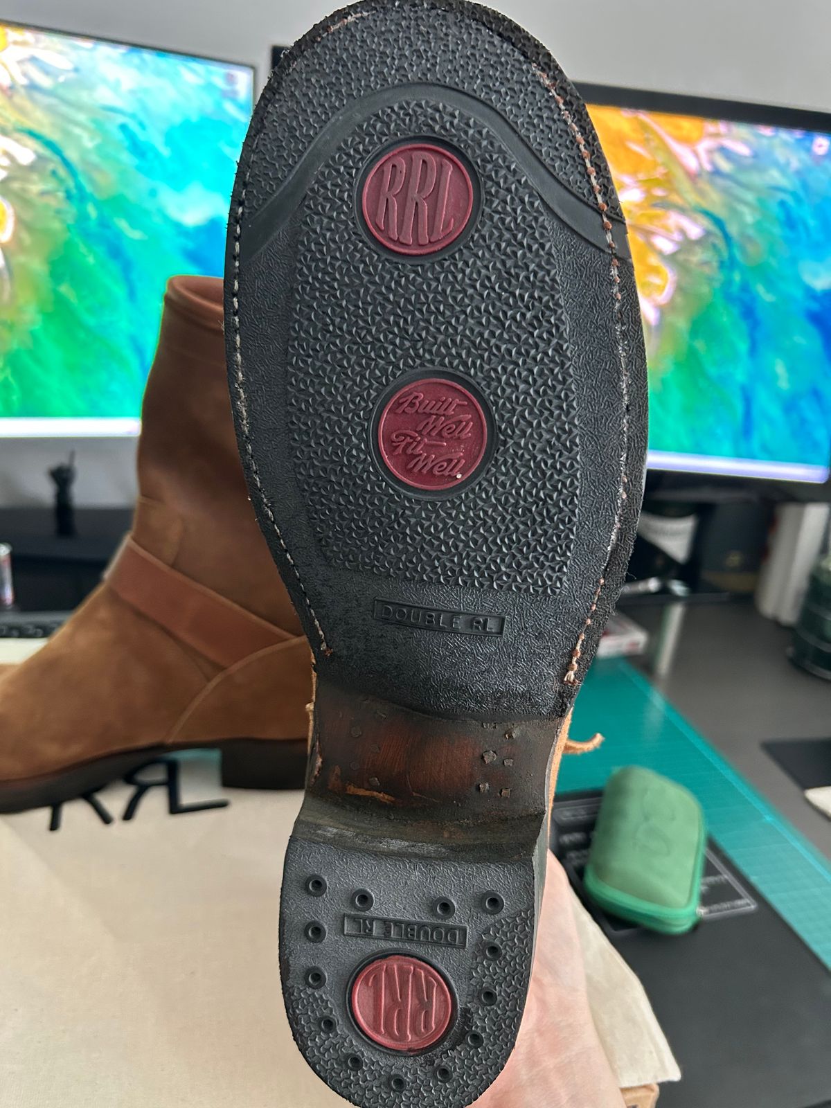 Photo by Patrick_Kwon on August 20, 2025 of the RRL Engineer Boots in Brown Roughout Suede.