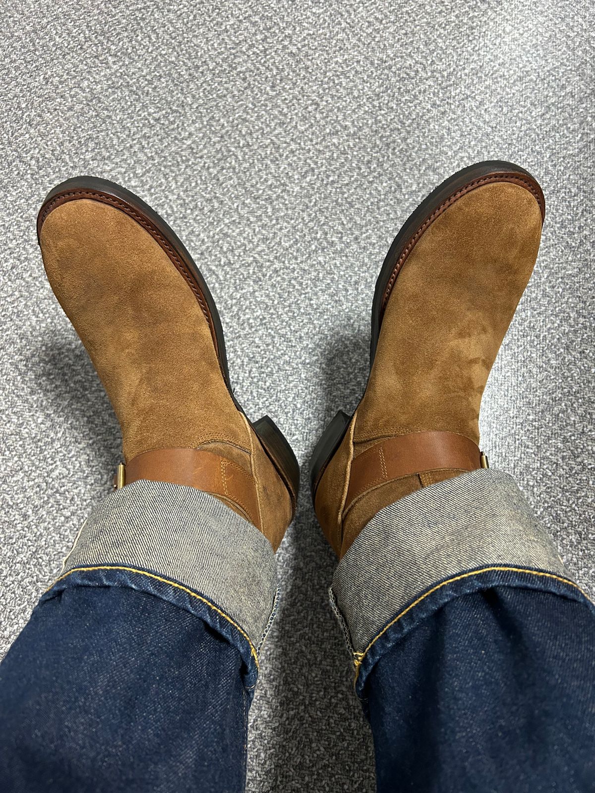 Photo by Patrick_Kwon on August 28, 2025 of the RRL Engineer Boots in Brown Roughout Suede.