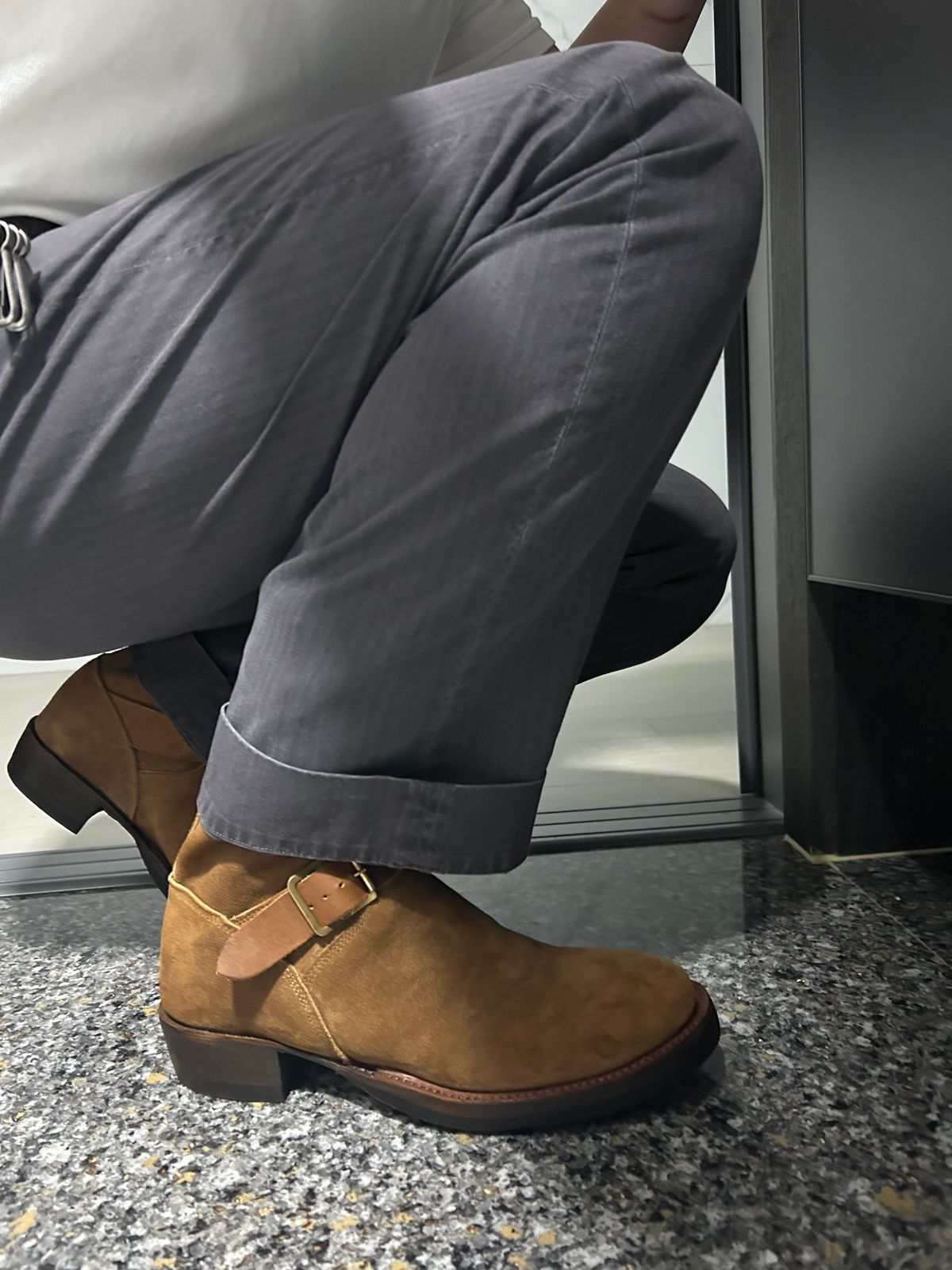 Photo by Patrick_Kwon on August 21, 2025 of the RRL Engineer Boots in Brown Roughout Suede.