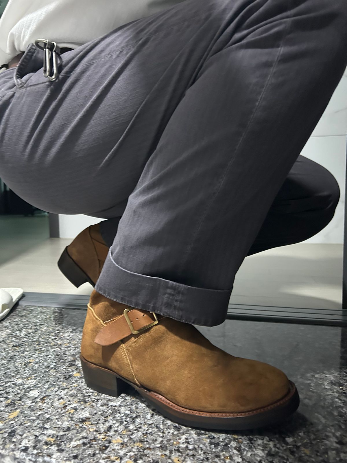 Photo by Patrick_Kwon on August 21, 2025 of the RRL Engineer Boots in Brown Roughout Suede.