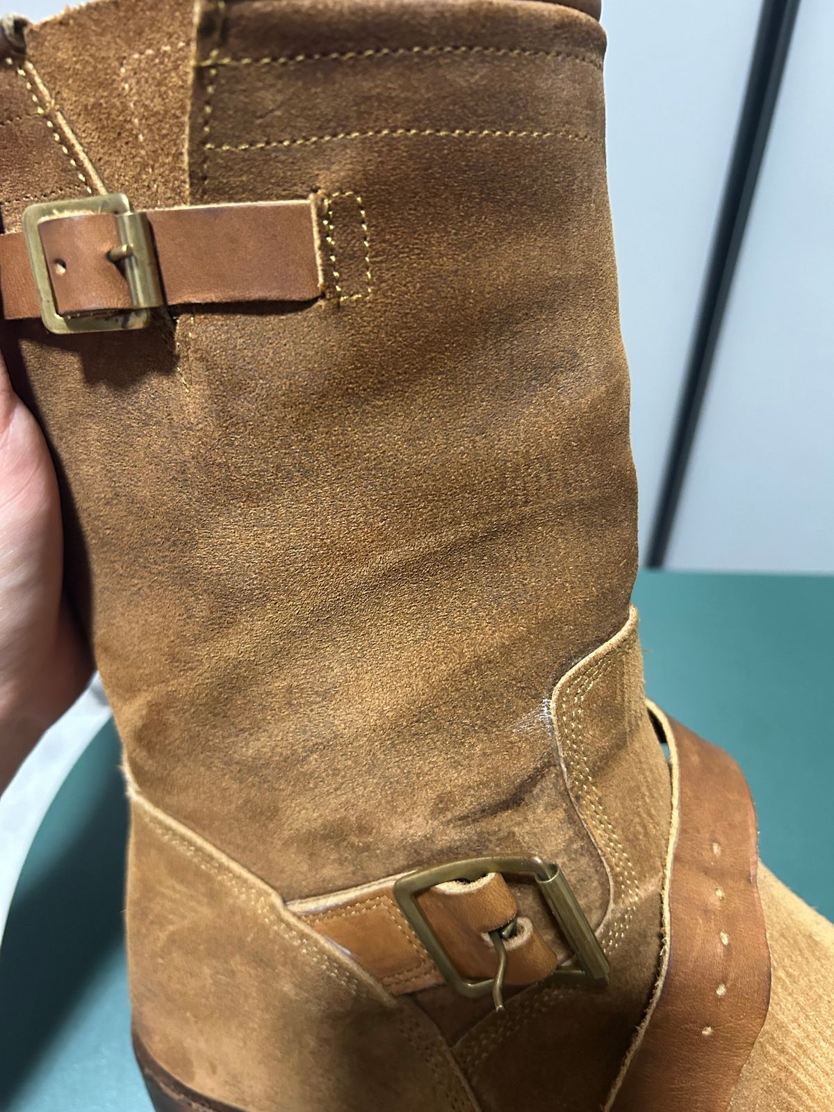 Photo by Patrick_Kwon on September 28, 2025 of the RRL Engineer Boots in Brown Roughout Suede.