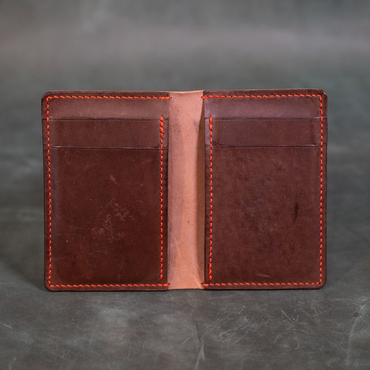 Photo by poppyseed55 on December 5, 2025 of the Self-Made Bifold in Horween Dark Cognac Shell Cordovan & Conceria Walpier Chocolate Buttero.