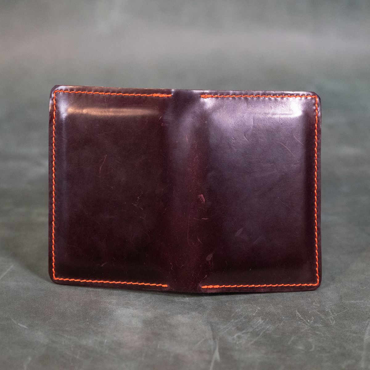 Photo by poppyseed55 on December 5, 2025 of the Self-Made Bifold in Horween Dark Cognac Shell Cordovan & Conceria Walpier Chocolate Buttero.