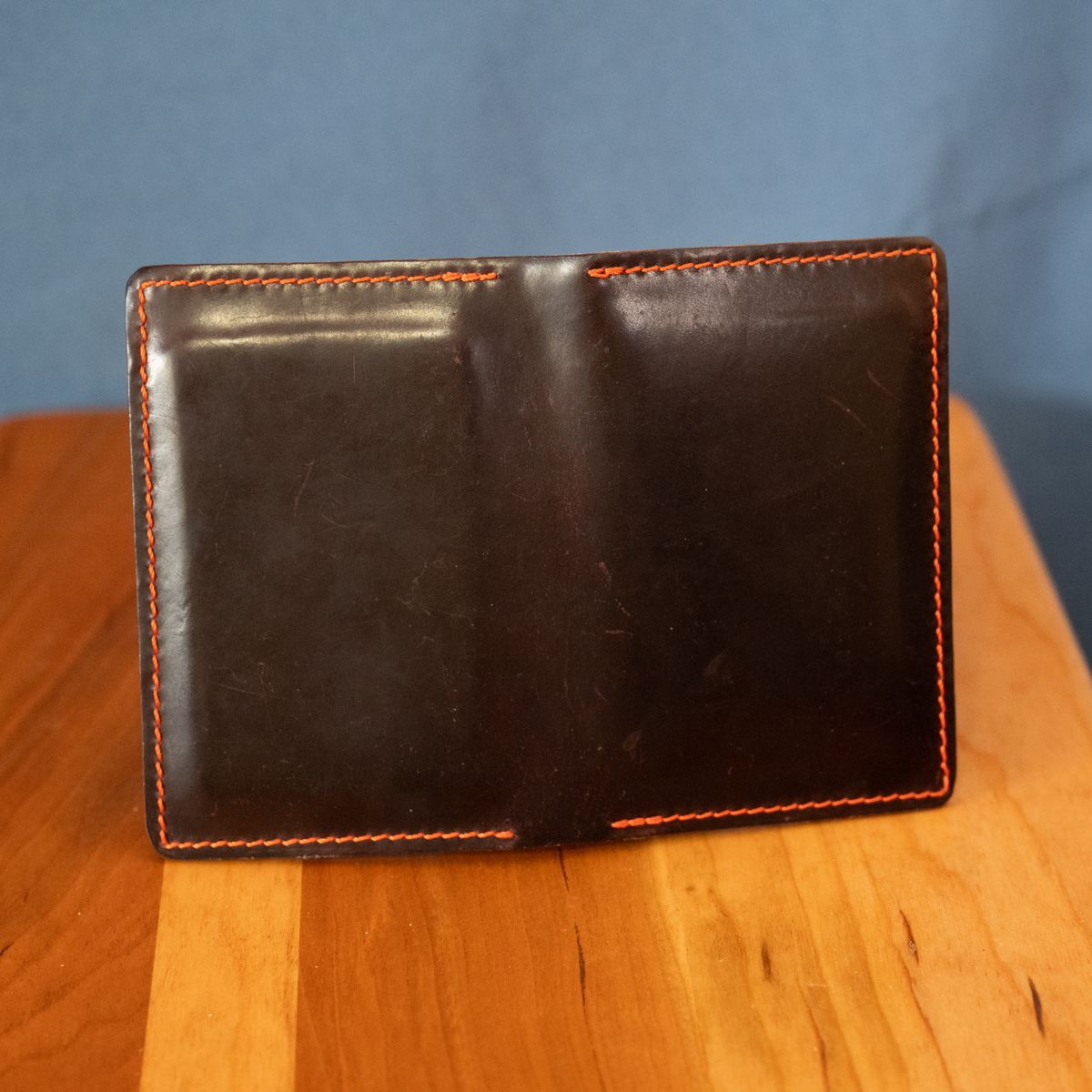 Photo by poppyseed55 on January 5, 2026 of the Self-Made Bifold in Horween Dark Cognac Shell Cordovan & Conceria Walpier Chocolate Buttero.