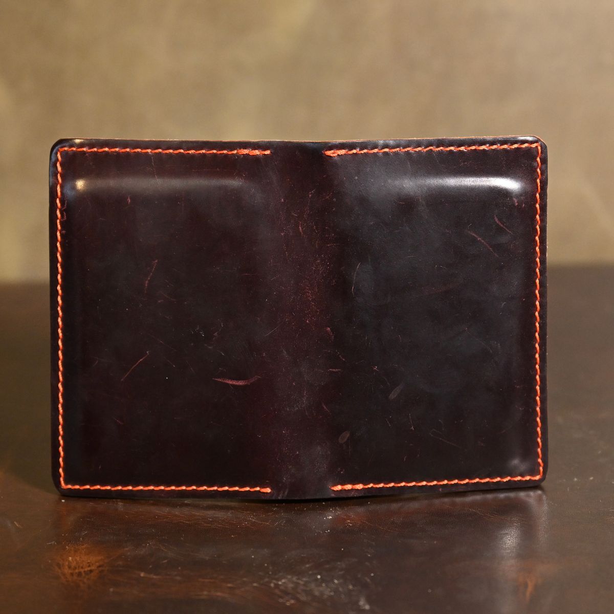 Photo by poppyseed55 on February 5, 2026 of the Self-Made Bifold in Horween Dark Cognac Shell Cordovan & Conceria Walpier Chocolate Buttero.
