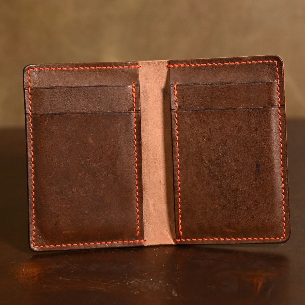 Photo by poppyseed55 on February 5, 2026 of the Self-Made Bifold in Horween Dark Cognac Shell Cordovan & Conceria Walpier Chocolate Buttero.