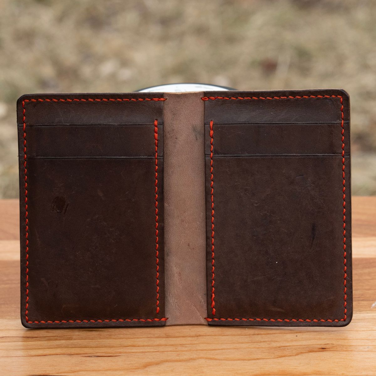 Photo by poppyseed55 on March 5, 2026 of the Self-Made Bifold in Horween Dark Cognac Shell Cordovan & Conceria Walpier Chocolate Buttero.