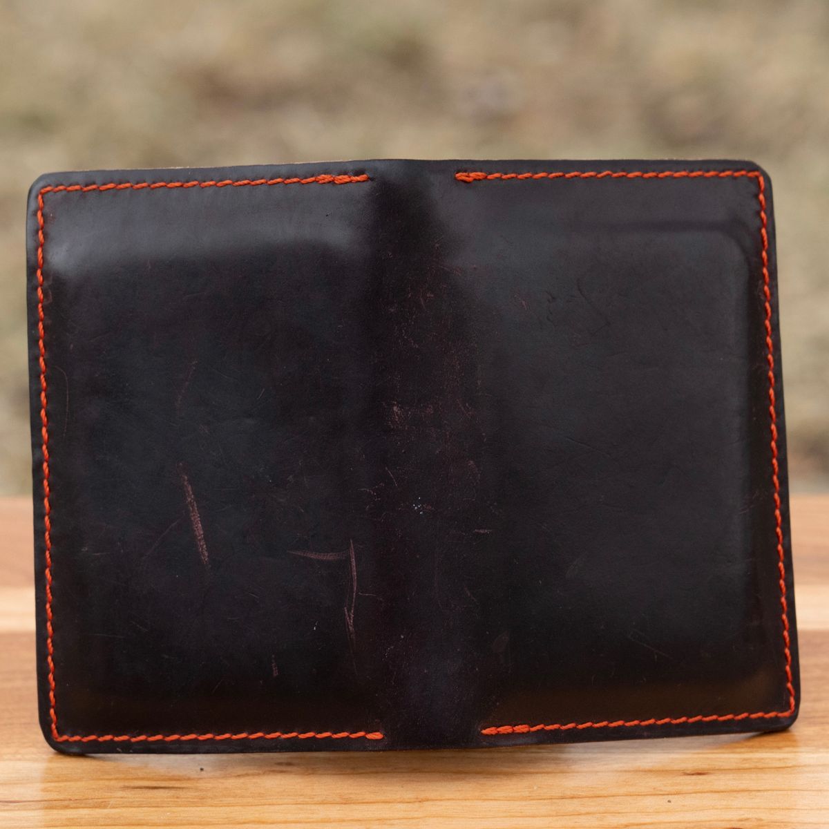 Photo by poppyseed55 on March 5, 2026 of the Self-Made Bifold in Horween Dark Cognac Shell Cordovan & Conceria Walpier Chocolate Buttero.