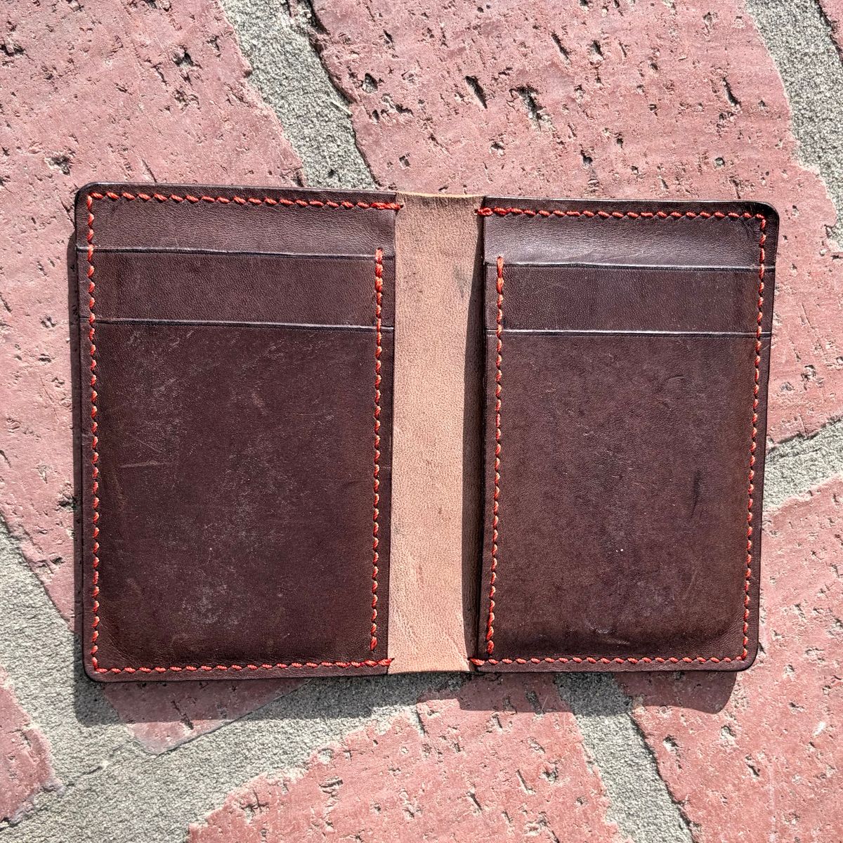 Photo by poppyseed55 on April 5, 2026 of the Self-Made Bifold in Horween Dark Cognac Shell Cordovan & Conceria Walpier Chocolate Buttero.