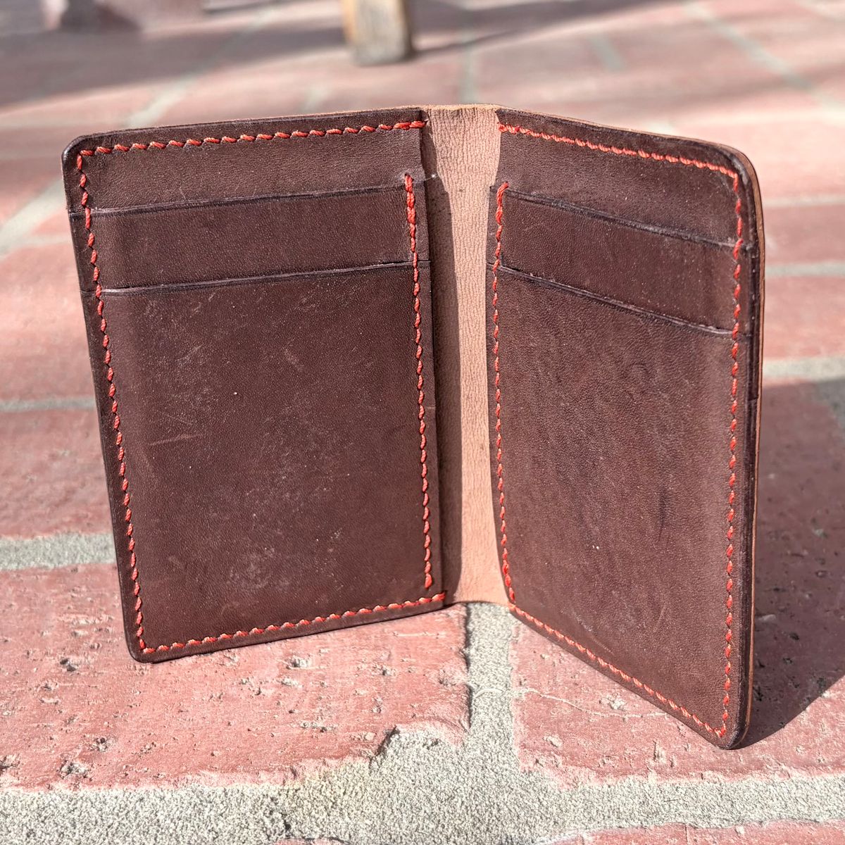 Photo by poppyseed55 on April 5, 2026 of the Self-Made Bifold in Horween Dark Cognac Shell Cordovan & Conceria Walpier Chocolate Buttero.