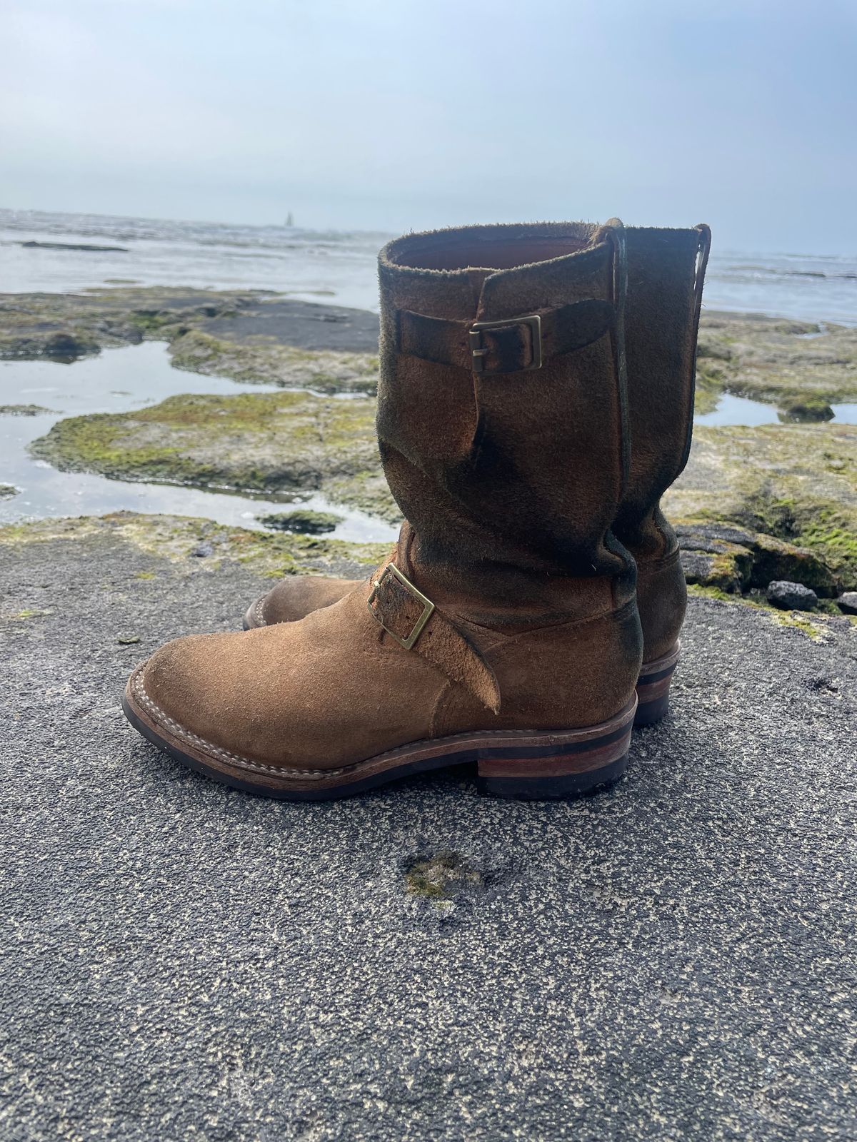 Photo by leafjar77 on March 3, 2025 of the Wesco x Ship John Derroll Boot in Seidel British Tan Domain Roughout.