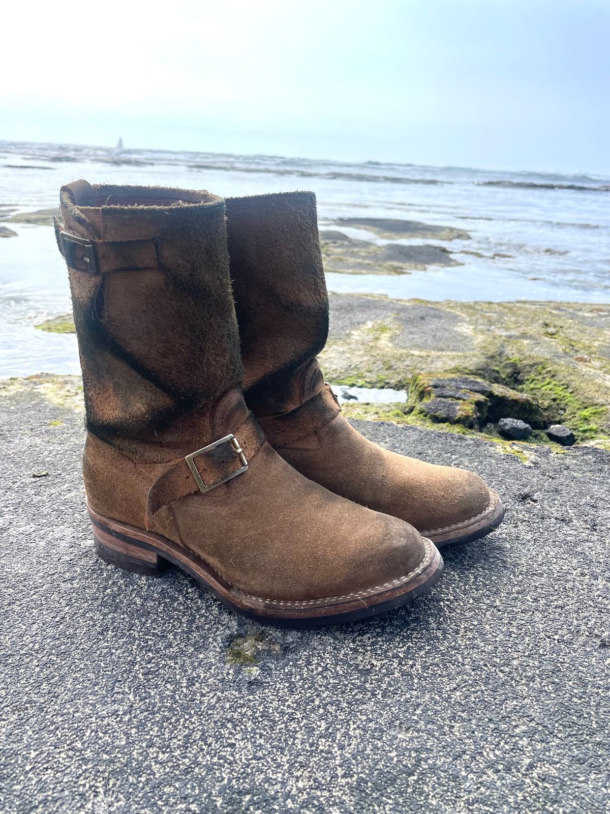 Photo by leafjar77 on March 3, 2025 of the Wesco x Ship John Derroll Boot in Seidel British Tan Domain Roughout.