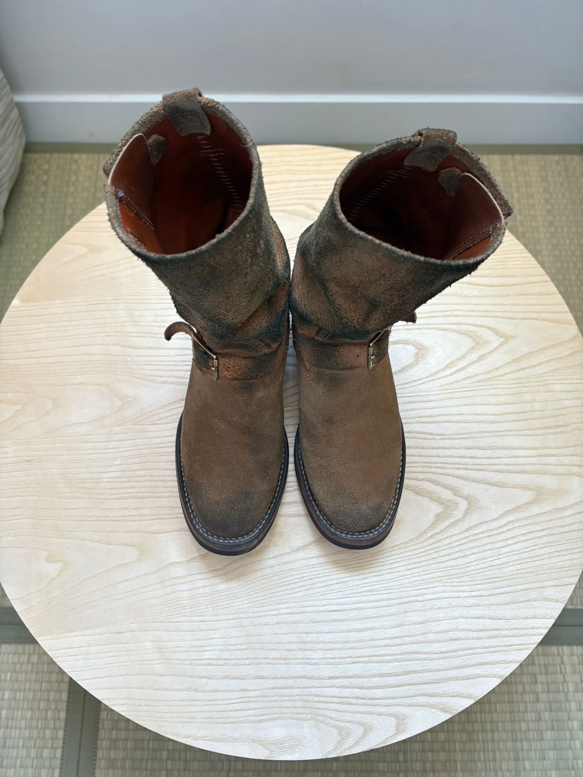 Photo by leafjar77 on April 5, 2025 of the Wesco x Ship John Derroll Boot in Seidel British Tan Domain Roughout.