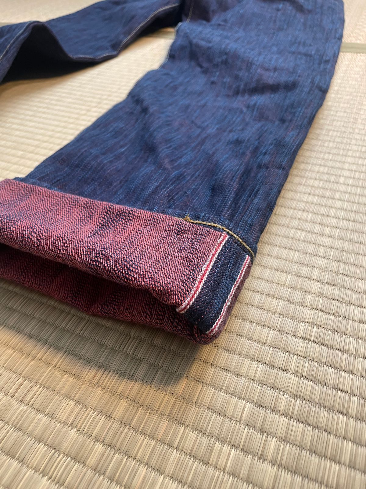 Photo by jar on December 14, 2024 of the Studio D’Artisan 15oz 45th Anniversary Tokushima Hinode-Awa Selvage Jeans in 15oz Unsanforized Selvage Denim.