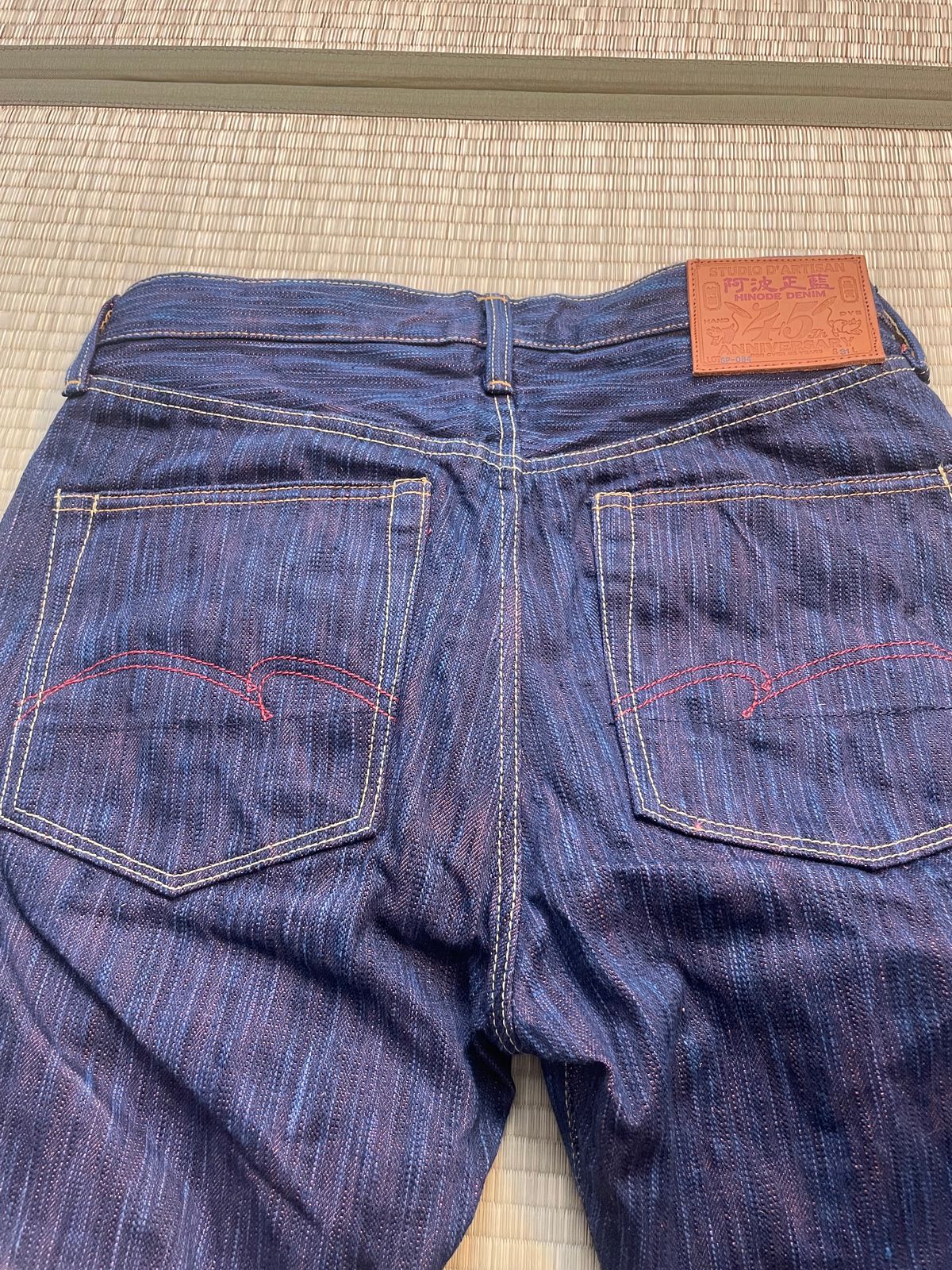 Photo by leafjar77 on December 14, 2024 of the Studio D’Artisan 15oz 45th Anniversary Tokushima Hinode-Awa Selvage Jeans in 15oz Unsanforized Selvage Denim.