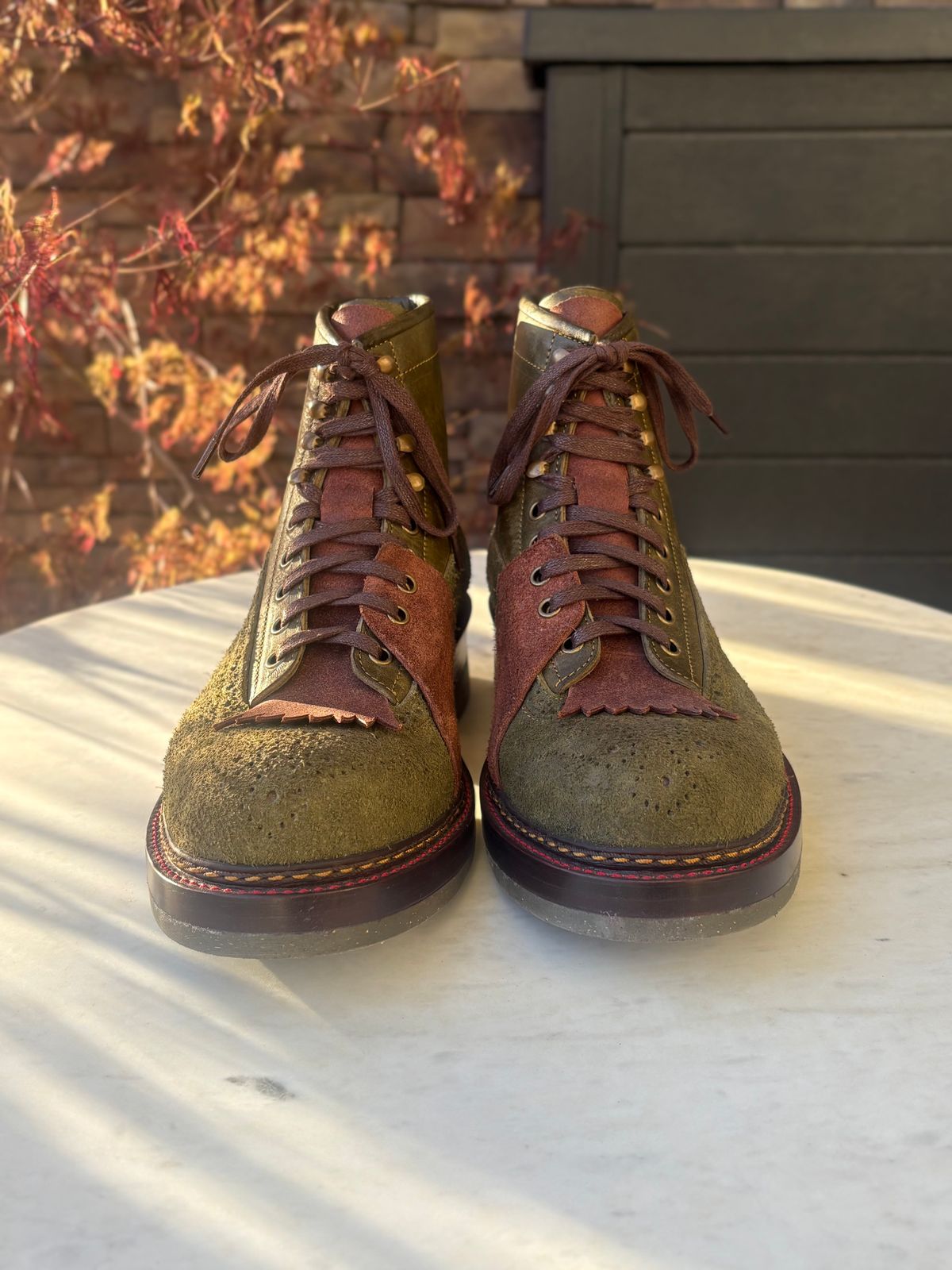 Photo by leafjar77 on April 25, 2026 of the Jakkrabbits MTO Ivories Boot in Badalassi Carlo Oliva Pueblo & Badalassi Carlo Oliva Pueblo Reverse.