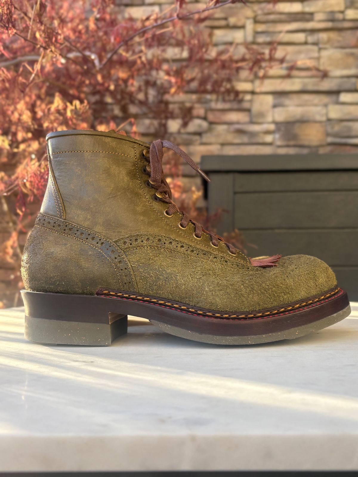 Photo by leafjar77 on April 25, 2026 of the Jakkrabbits MTO Ivories Boot in Badalassi Carlo Oliva Pueblo & Badalassi Carlo Oliva Pueblo Reverse.