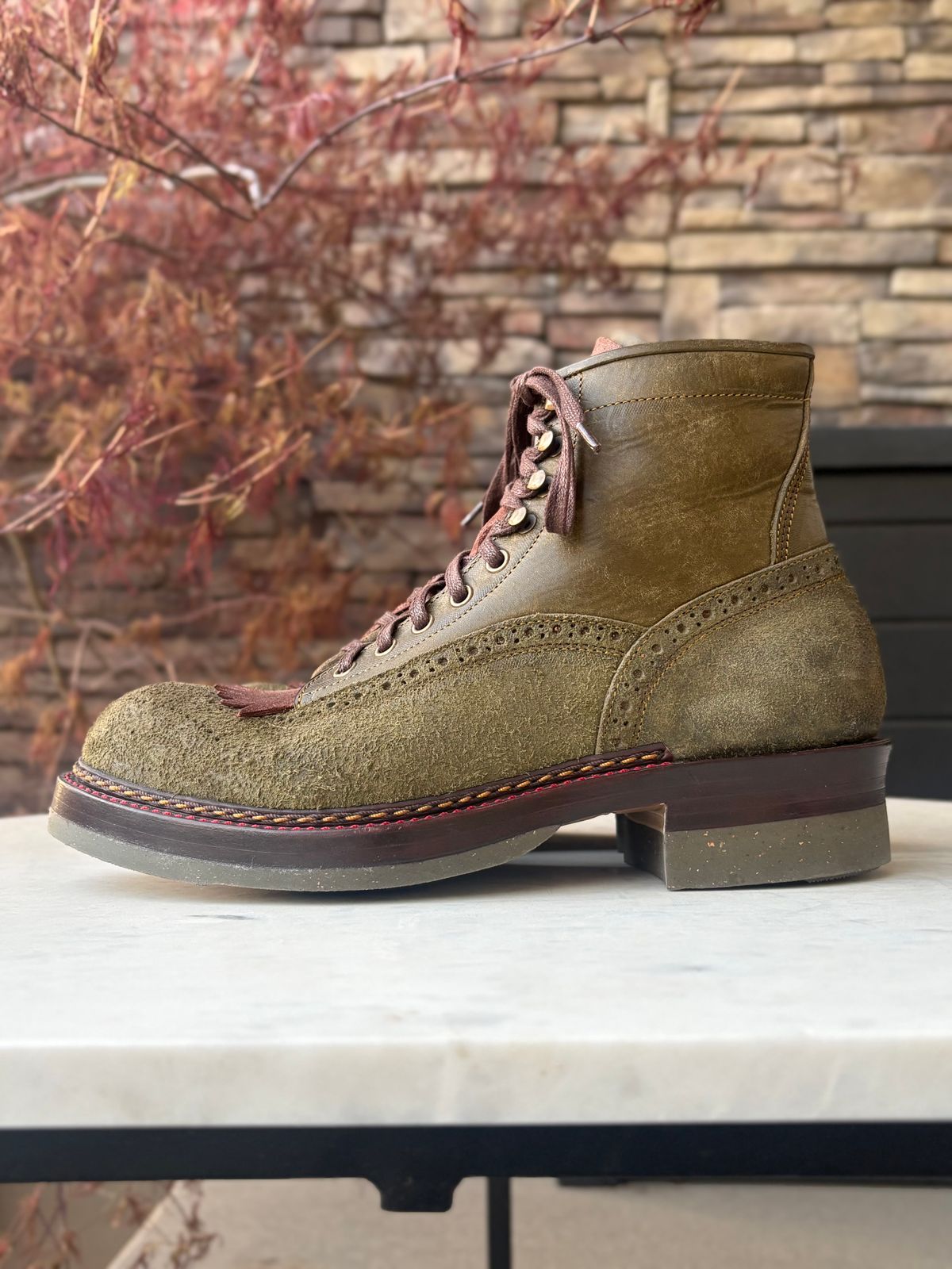 Photo by leafjar77 on April 25, 2026 of the Jakkrabbits MTO Ivories Boot in Badalassi Carlo Oliva Pueblo & Badalassi Carlo Oliva Pueblo Reverse.