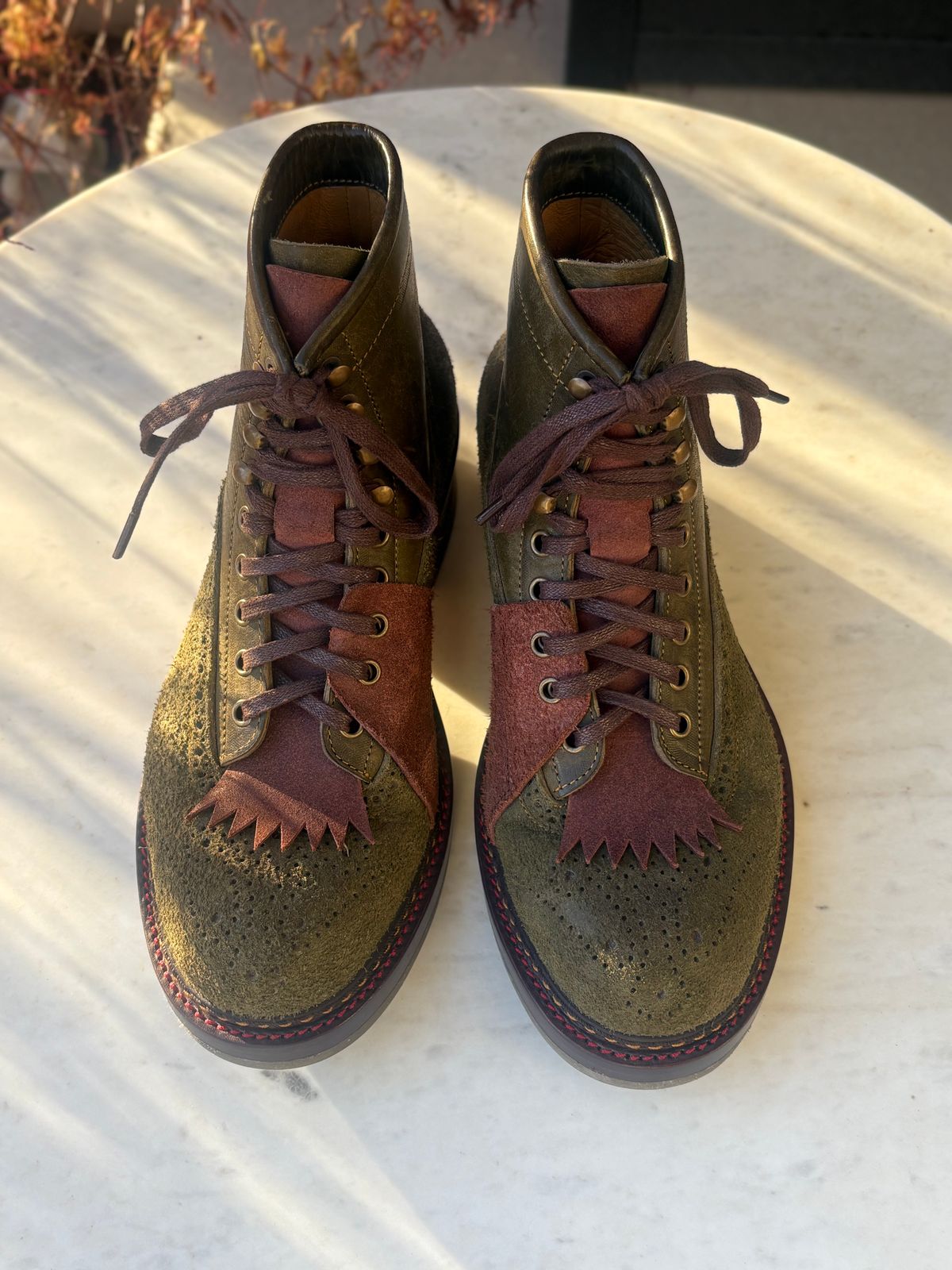 Photo by leafjar77 on April 25, 2026 of the Jakkrabbits MTO Ivories Boot in Badalassi Carlo Oliva Pueblo & Badalassi Carlo Oliva Pueblo Reverse.