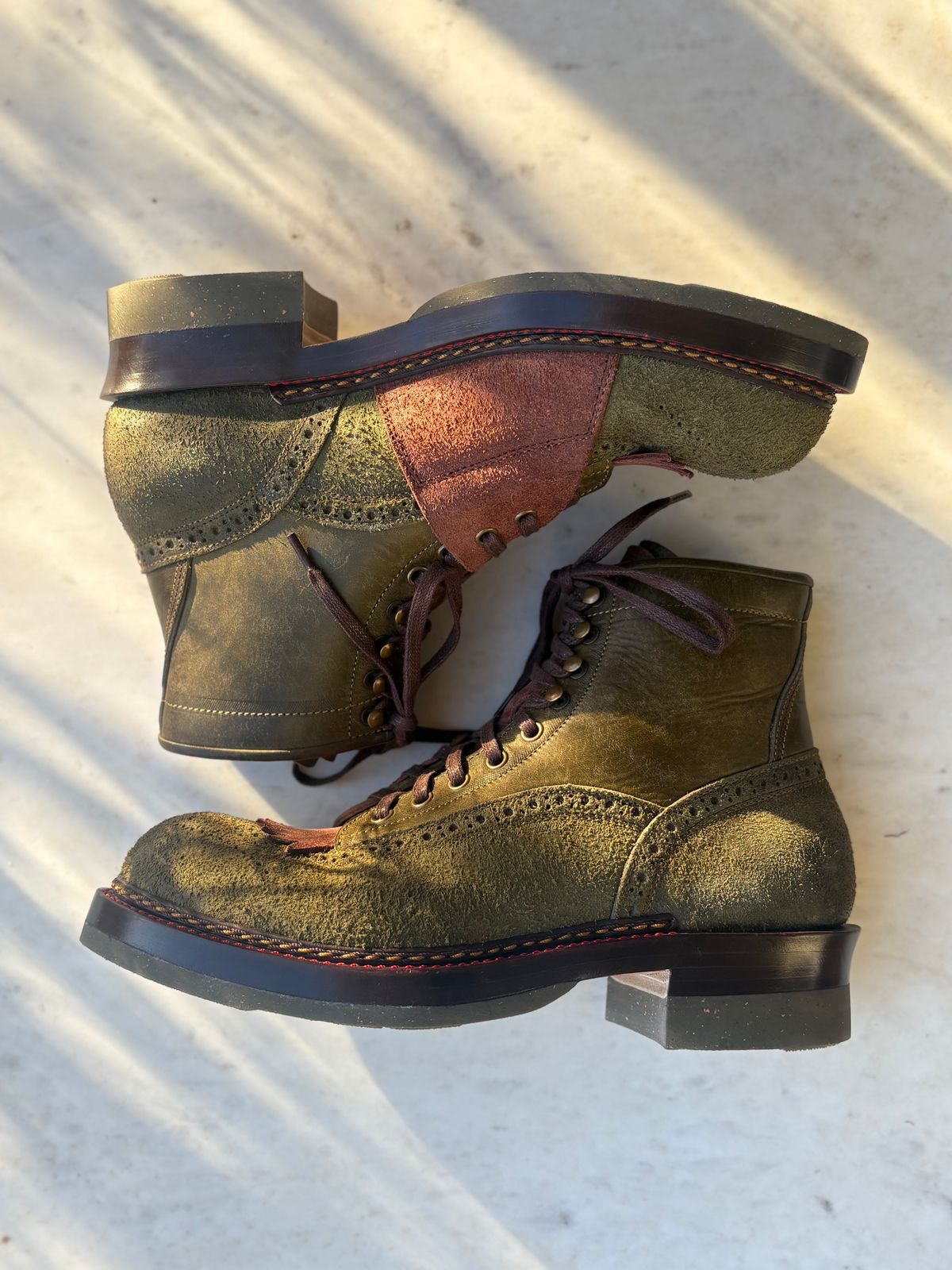 Photo by leafjar77 on April 25, 2026 of the Jakkrabbits MTO Ivories Boot in Badalassi Carlo Oliva Pueblo & Badalassi Carlo Oliva Pueblo Reverse.