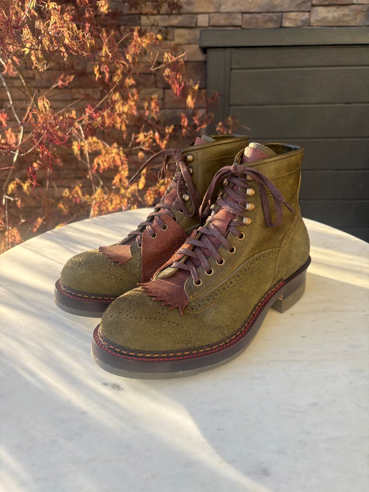 Photo by leafjar77 on April 25, 2026 of the Jakkrabbits MTO Ivories Boot in Badalassi Carlo Oliva Pueblo & Badalassi Carlo Oliva Pueblo Reverse.