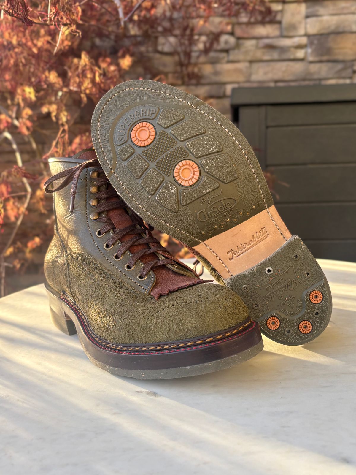 Photo by leafjar77 on April 25, 2026 of the Jakkrabbits MTO Ivories Boot in Badalassi Carlo Oliva Pueblo & Badalassi Carlo Oliva Pueblo Reverse.