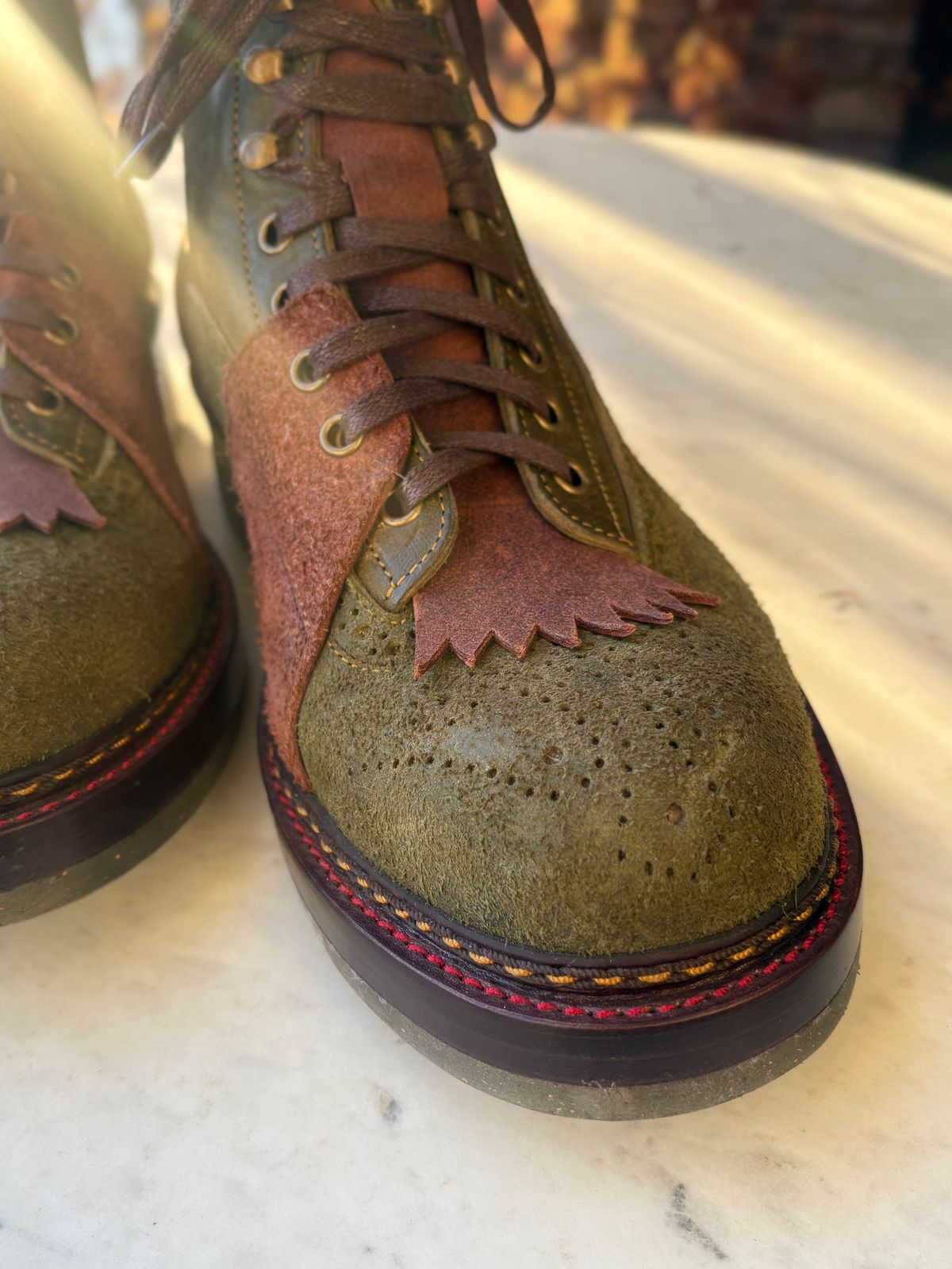 Photo by leafjar77 on April 25, 2026 of the Jakkrabbits MTO Ivories Boot in Badalassi Carlo Oliva Pueblo & Badalassi Carlo Oliva Pueblo Reverse.