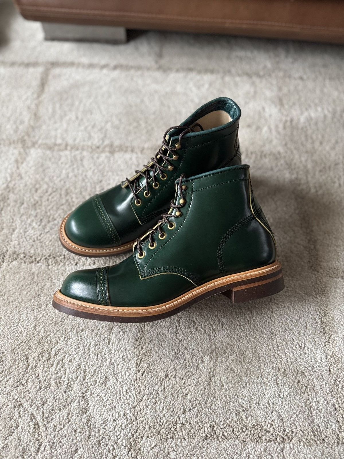 Photo by VariousAdversaries on March 23, 2025 of the John Lofgren Combat Boots in John Lofgren / Coated Dark Green Shinki Hikaku Shell Cordovan.