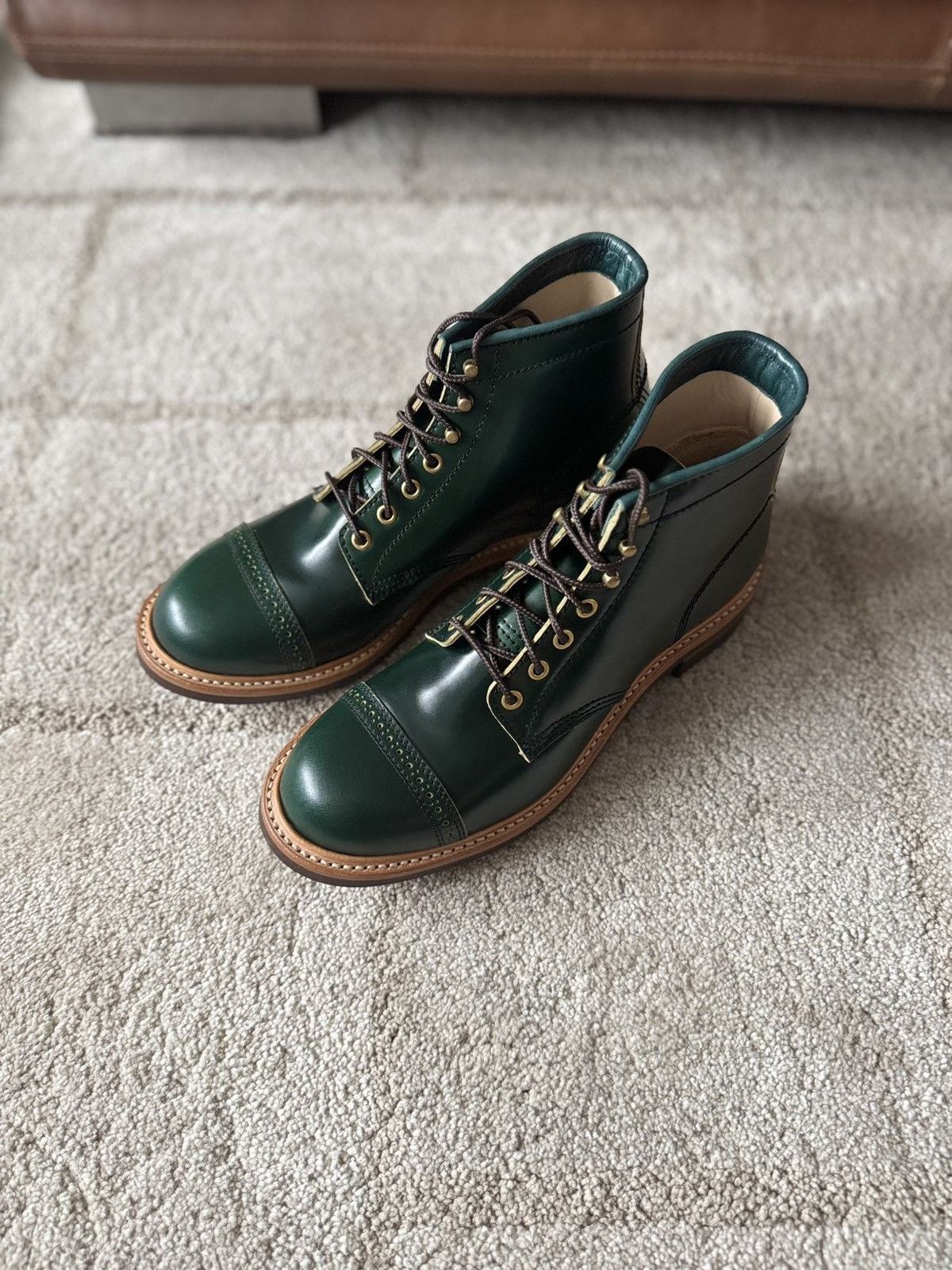 Photo by VariousAdversaries on March 23, 2025 of the John Lofgren Combat Boots in John Lofgren / Coated Dark Green Shinki Hikaku Shell Cordovan.