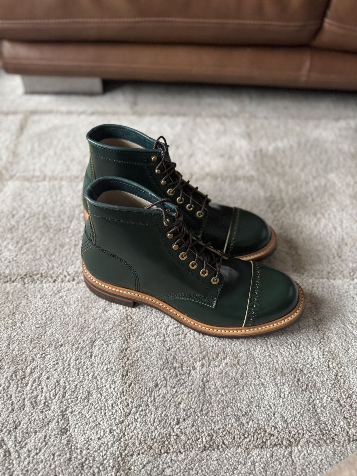 Photo by VariousAdversaries on March 23, 2025 of the John Lofgren Combat Boots in John Lofgren / Coated Dark Green Shinki Hikaku Shell Cordovan.
