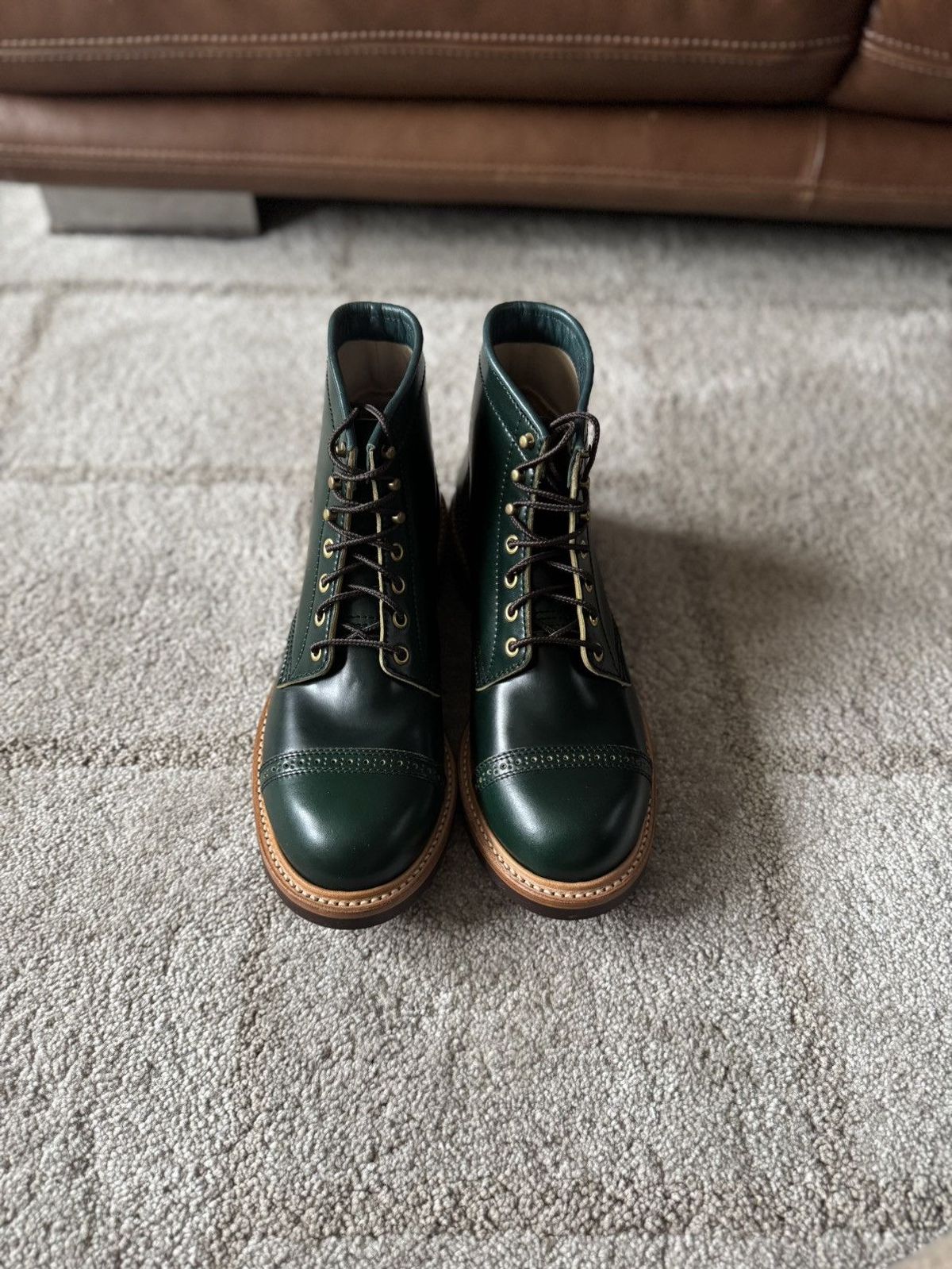 Photo by VariousAdversaries on March 23, 2025 of the John Lofgren Combat Boots in John Lofgren / Coated Dark Green Shinki Hikaku Shell Cordovan.