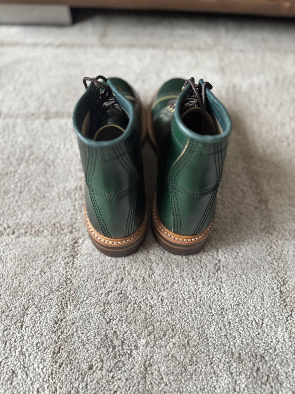 Photo by VariousAdversaries on March 23, 2025 of the John Lofgren Combat Boots in John Lofgren / Coated Dark Green Shinki Hikaku Shell Cordovan.