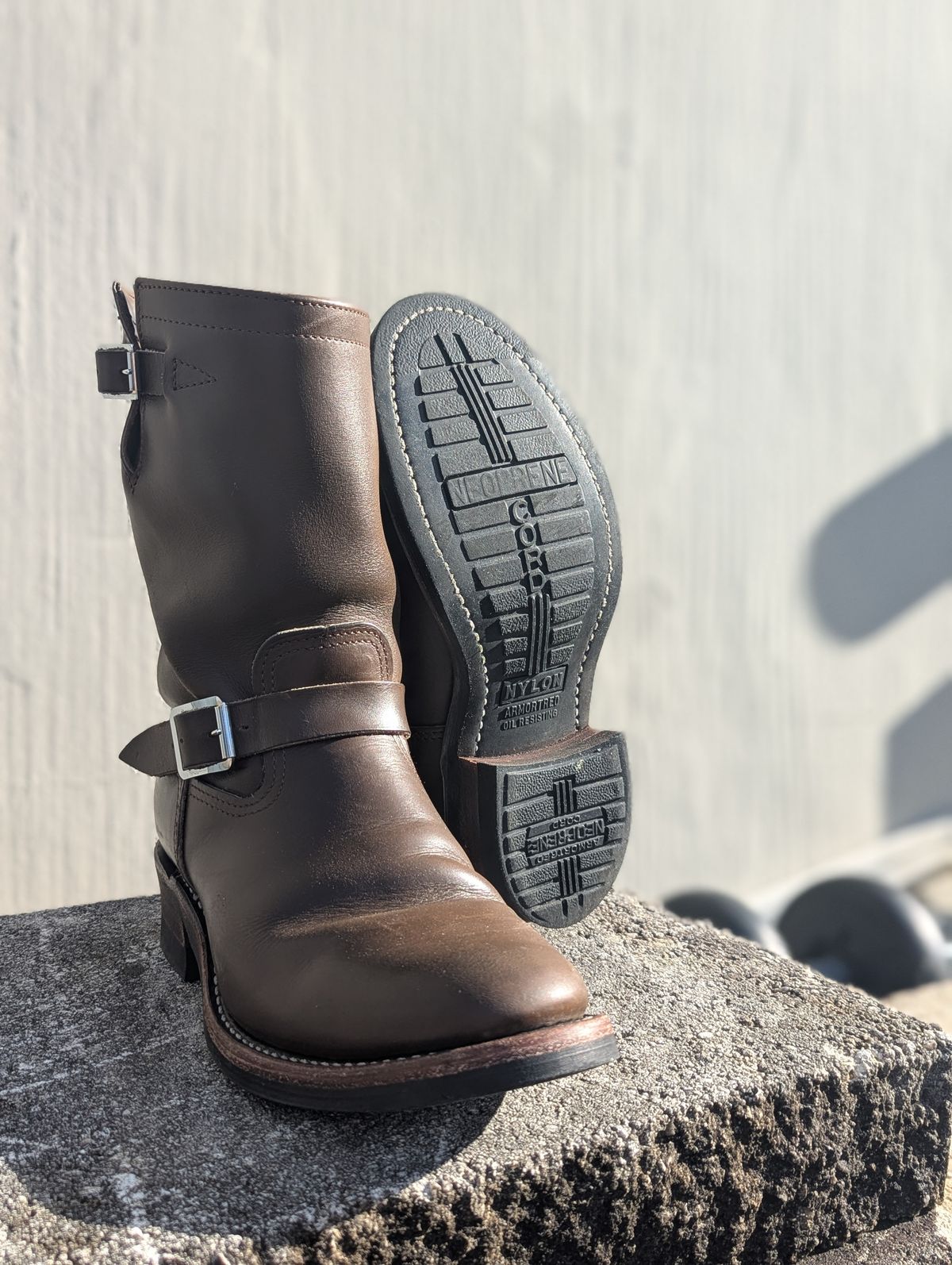 Photo by mari on January 1, 2025 of the Keystone Shoe Company Biker Boot (Engineer) in Horween Dark Brown Latigo.