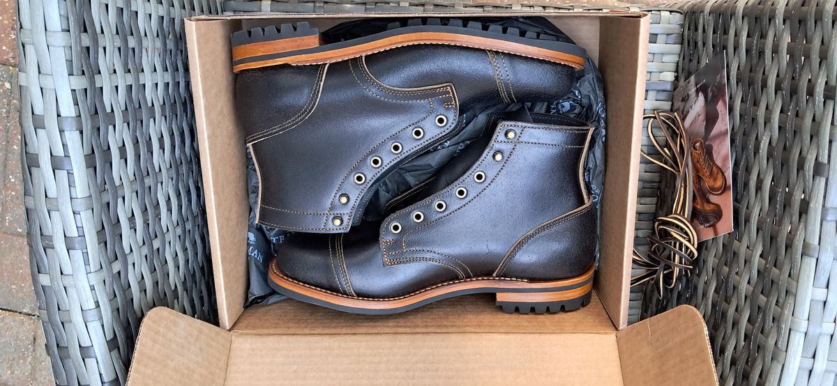 Photo by rickno504 on May 23, 2024 of the Truman Cap Toe Boot in Horween Black Waxed Flesh.