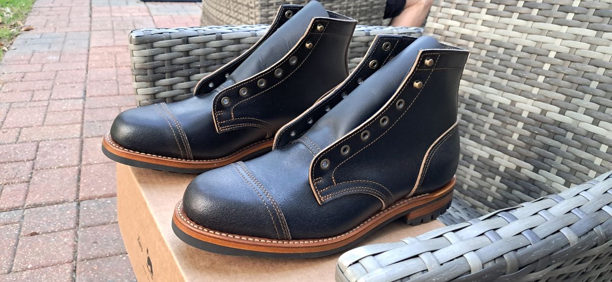 Photo by rickno504 on May 23, 2024 of the Truman Cap Toe Boot in Horween Black Waxed Flesh.