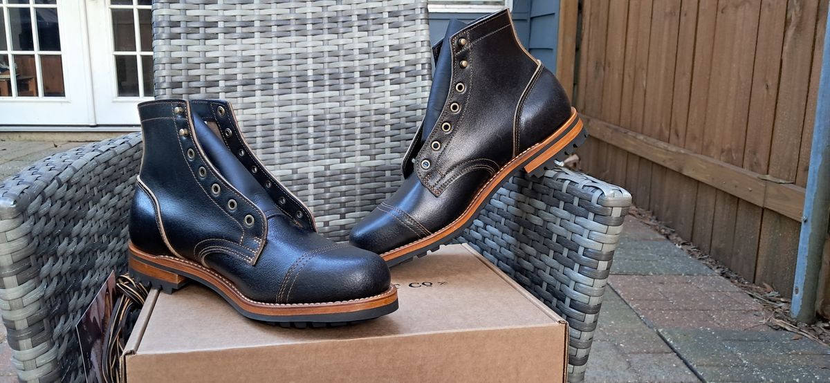 Photo by rickno504 on May 23, 2024 of the Truman Cap Toe Boot in Horween Black Waxed Flesh.