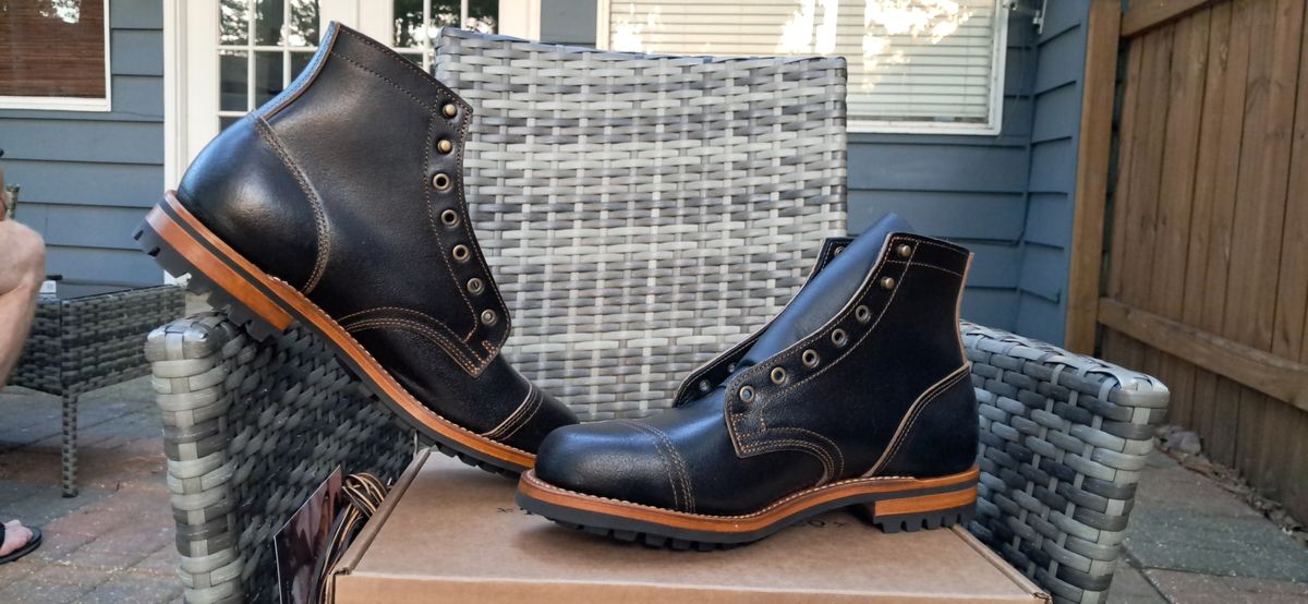 Photo by rickno504 on May 23, 2024 of the Truman Cap Toe Boot in Horween Black Waxed Flesh.