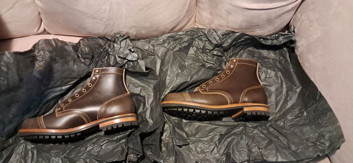 Photo by rickno504 on May 19, 2024 of the Truman Cap Toe Boot in Horween Olive Waxed Flesh.