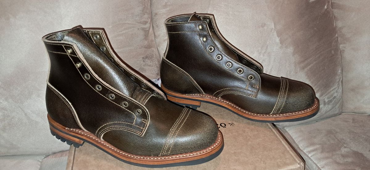 Photo by rickno504 on May 19, 2024 of the Truman Cap Toe Boot in Horween Olive Waxed Flesh.