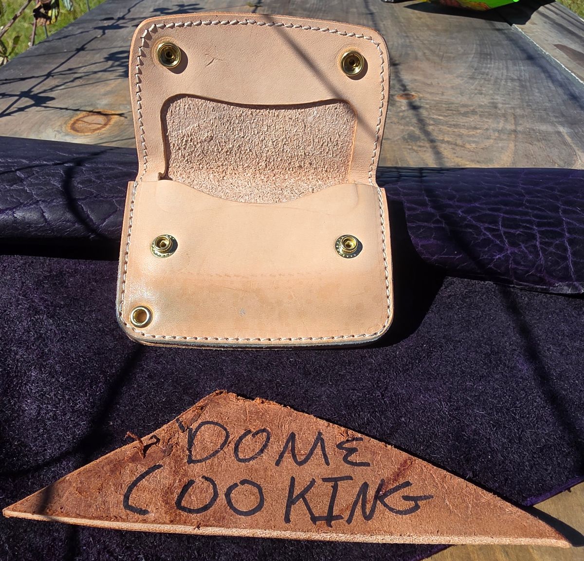 Photo by zestyclosemedicine on November 3, 2025 of the Nicks Mini Trucker Wallet in Wickett & Craig Natural Skirting.