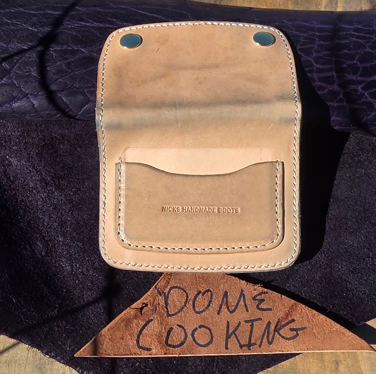 Photo by zestyclosemedicine on November 3, 2025 of the Nicks Mini Trucker Wallet in Wickett & Craig Natural Skirting.