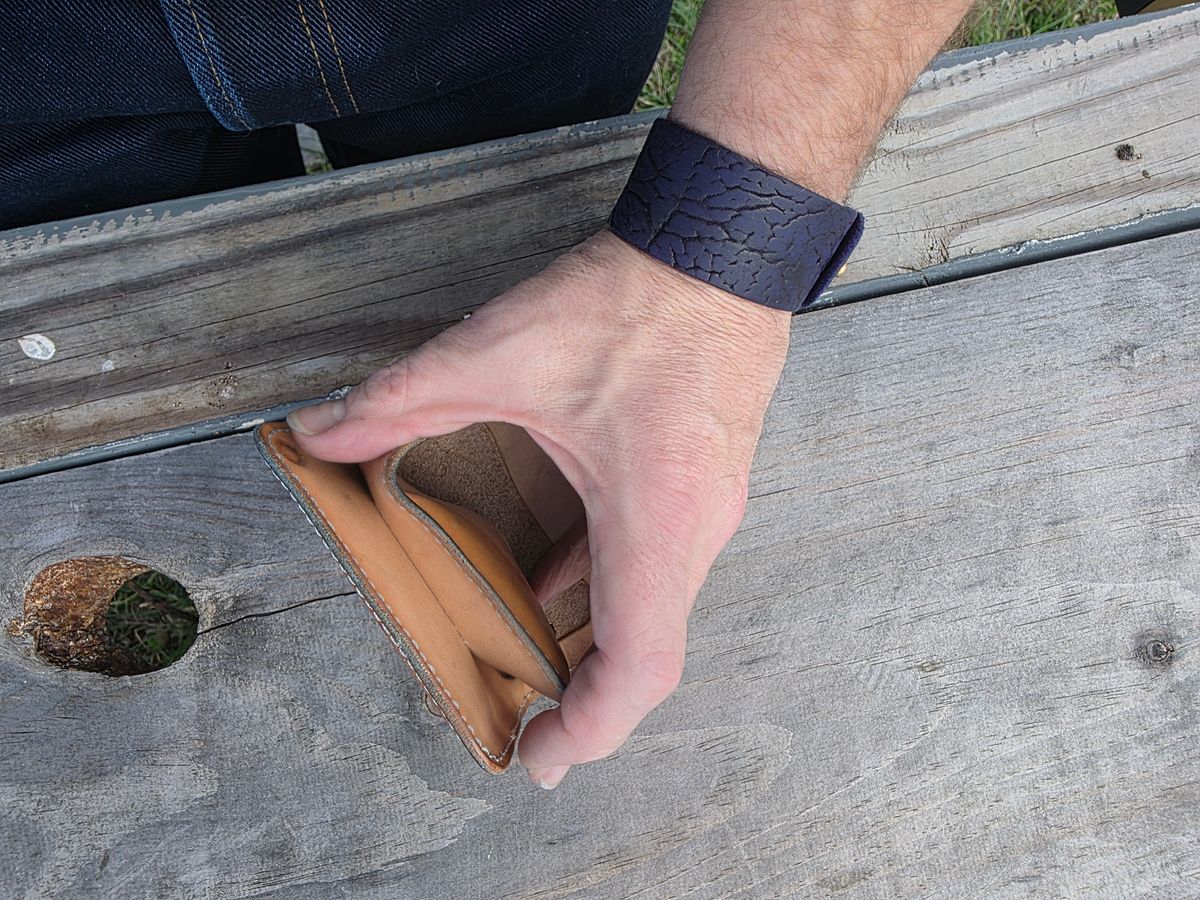 Photo by zestyclosemedicine on March 5, 2026 of the Nicks Mini Trucker Wallet in Wickett & Craig Natural Skirting.