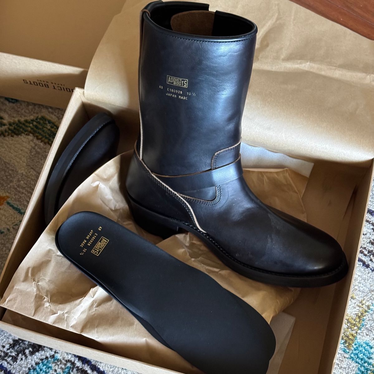 Photo by drmiles on September 15, 2025 of the Addict Boots AB-01 Engineer Boots in Black Dye-Finished Horsehide.